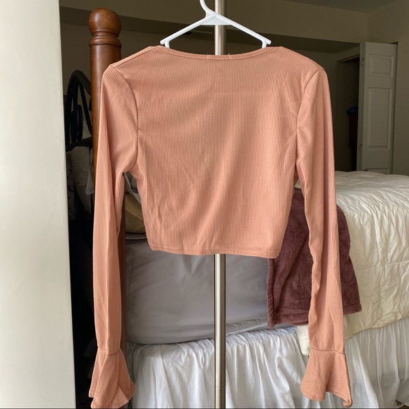 Dusty Pink Wrapover Ribbed Bell Sleeve Crop Top - Picture 2 of 3